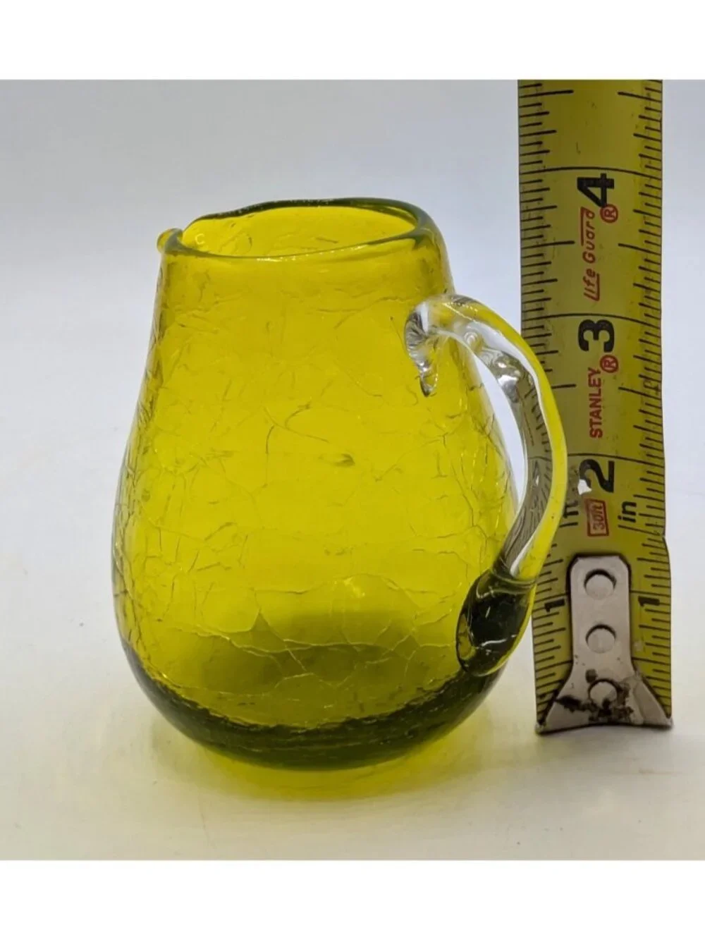 Vintage Blenko Glass Green Crackle Mini Pitcher Clear Handle Hand Blown 3.5